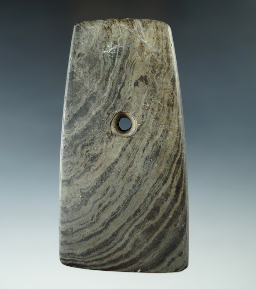 4 9/16" Adena Trapezoidal Pendant made from green and black Banded Slate, Henry Co., Ohio.