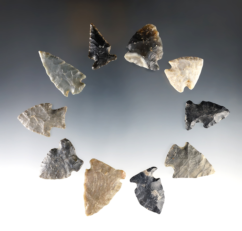 Set of 10 assorted Points found in Ohio and Kentucky. The largest is 1 5/8".