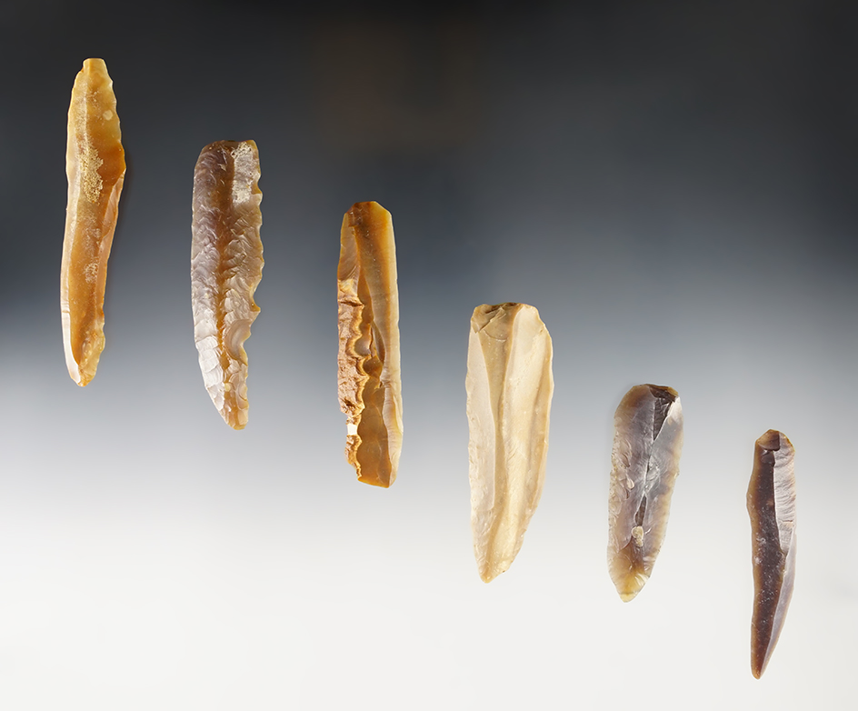 Set of 6 Prismatic Blades found in the Dordogne Region of France. The largest is 3 1/4".
