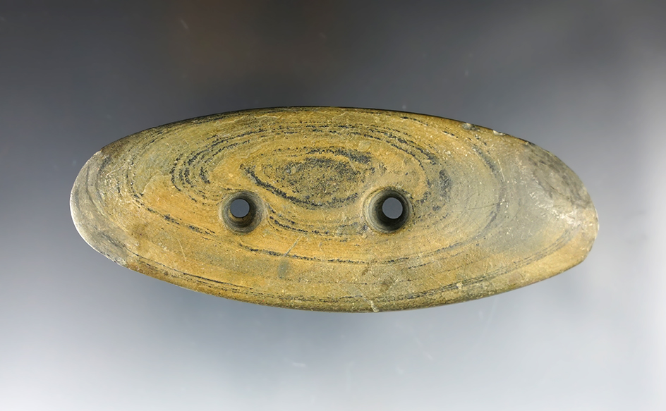4 5/8" Elliptical Gorget found in Champaign Co., Ohio. Slight restoration to each end.