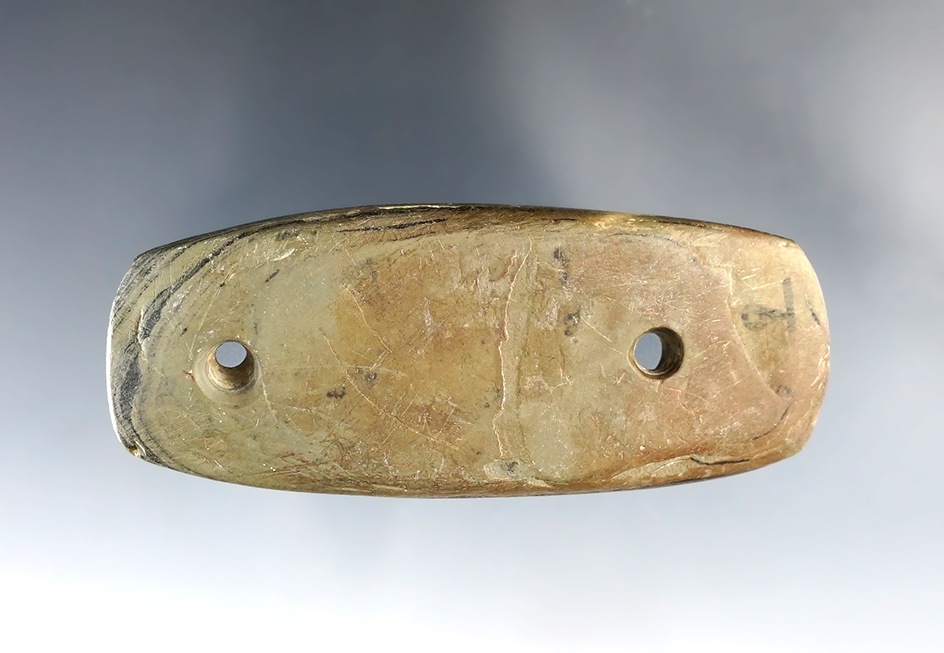 3 3/16" Banded Slate Gorget found in Darke Co., Ohio. Ex. Ron Thiebeau.