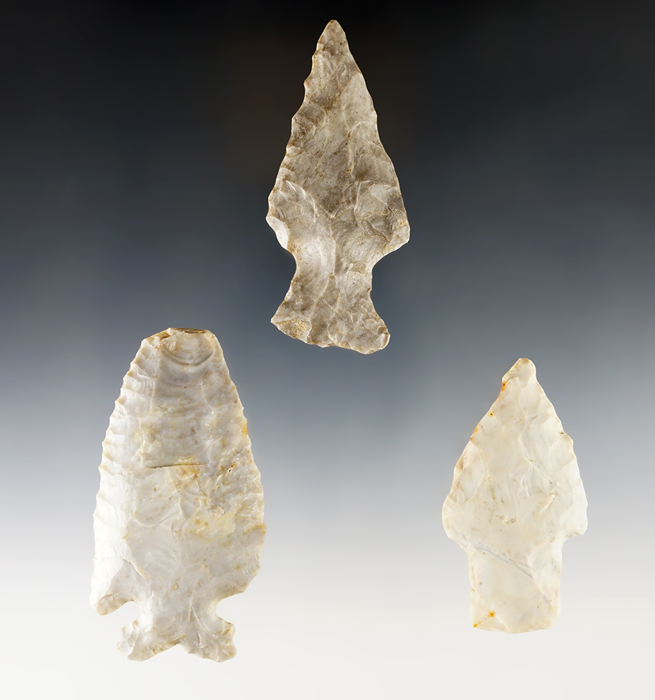 Set of 3 Ohio Points found in Coshocton, Crawford and Stark Co., Ohio. The largest is 3 1/16".
