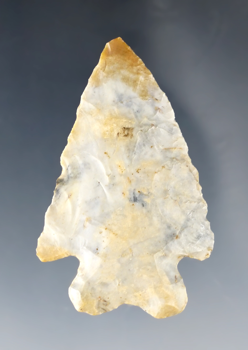 2" Bifurcate - Flint Ridge with brown tip. Found in 1989 by Don Beer. Ex. Doug Hooks.