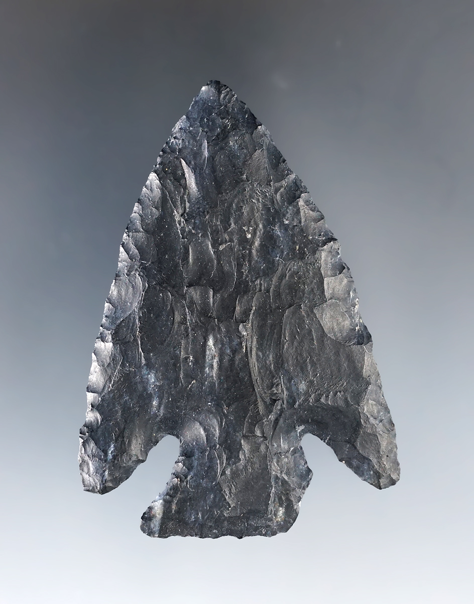 2 1/2" Cornernotch made from black Upper Mercer Flint. Found in Knox Co., Ohio by Jack Hooks.