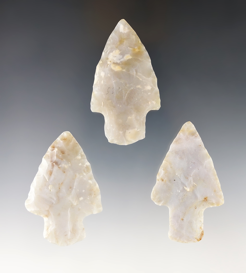 Set of three late Adena Culture Points made from Flint Ridge Flint Chalcedony. Largest is 2 7/16".