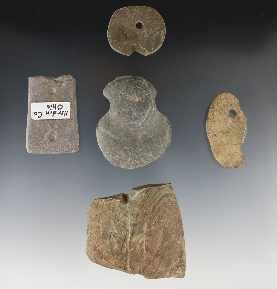 Set of 5 Ohio Pendant and Bannerstone pieces in various conditions. The largest is 2 9/16".