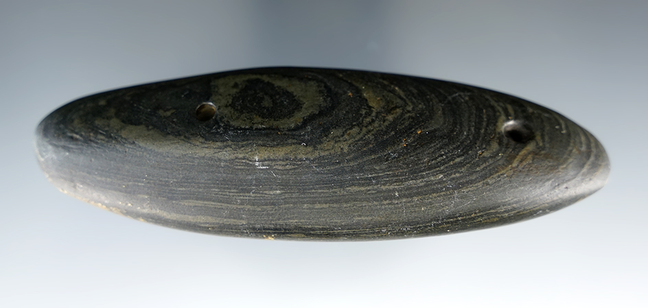 4 1/2" Glacial Kame Gorget made from green and black Slate. Found in Ross Co., Ohio.