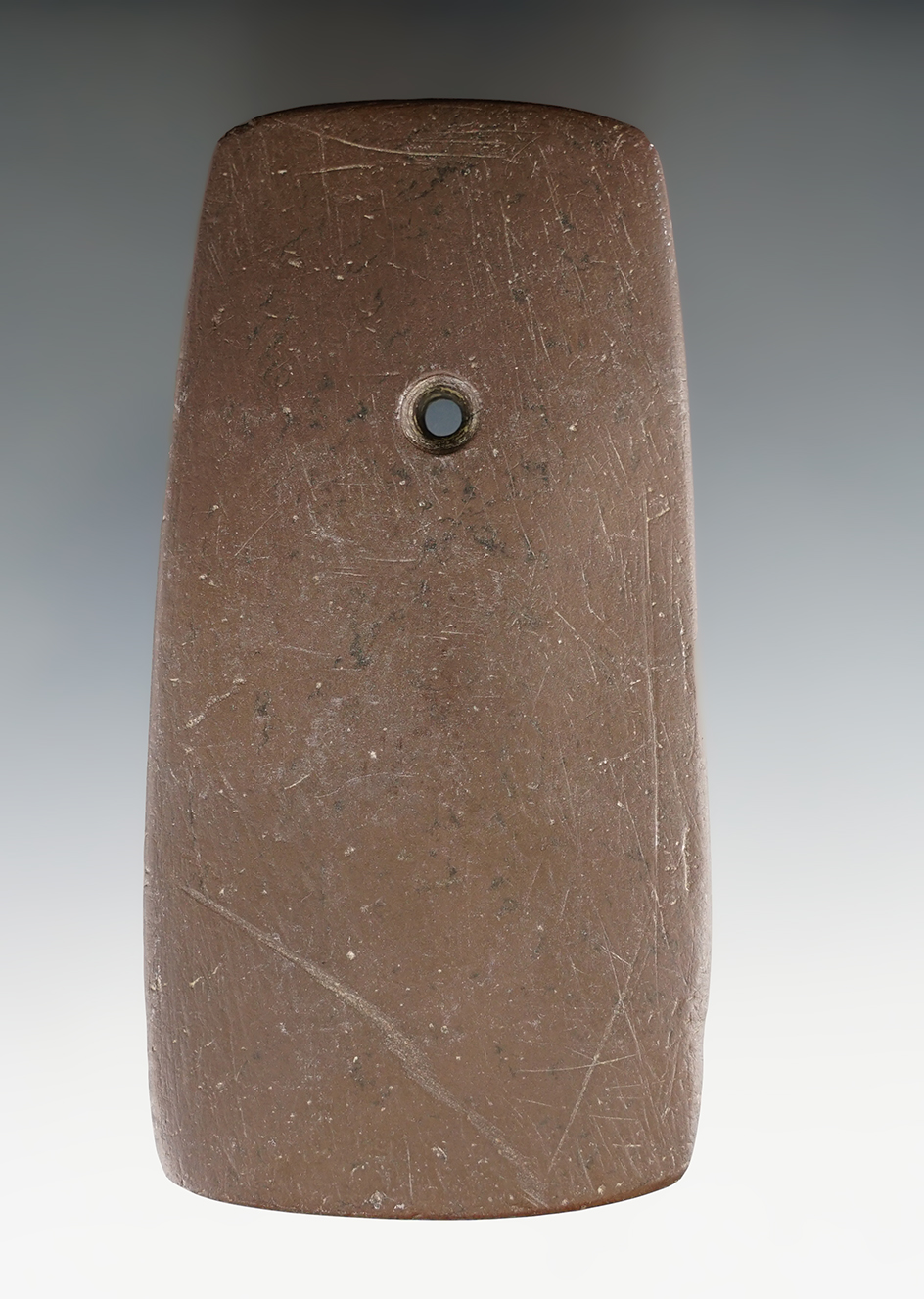 4 1/2" Hopewell Trapezoidal Pendant made from red Slate, found in Summit Co., Ohio. Ex. Dilley.