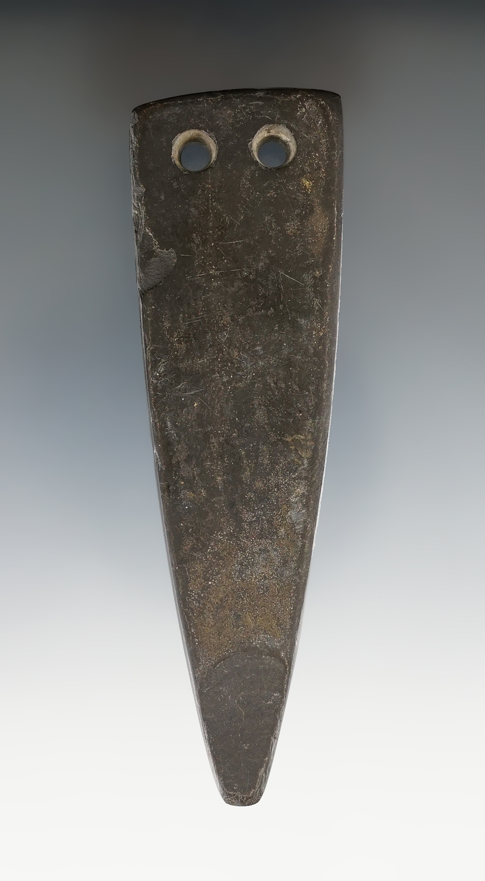 4 1/8" Mississippian Trapezoidal Gorget that was anciently salvaged found in Wood Co., Ohio. COA