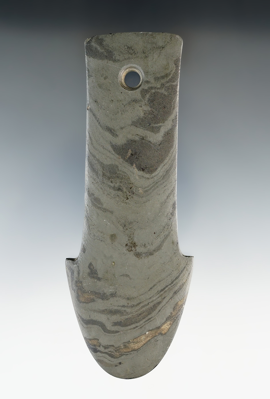 5 3/16" Archaic Shovel Pendant found in Miami Co., Ohio. Pictured in Artifacts Volume 14, #2.