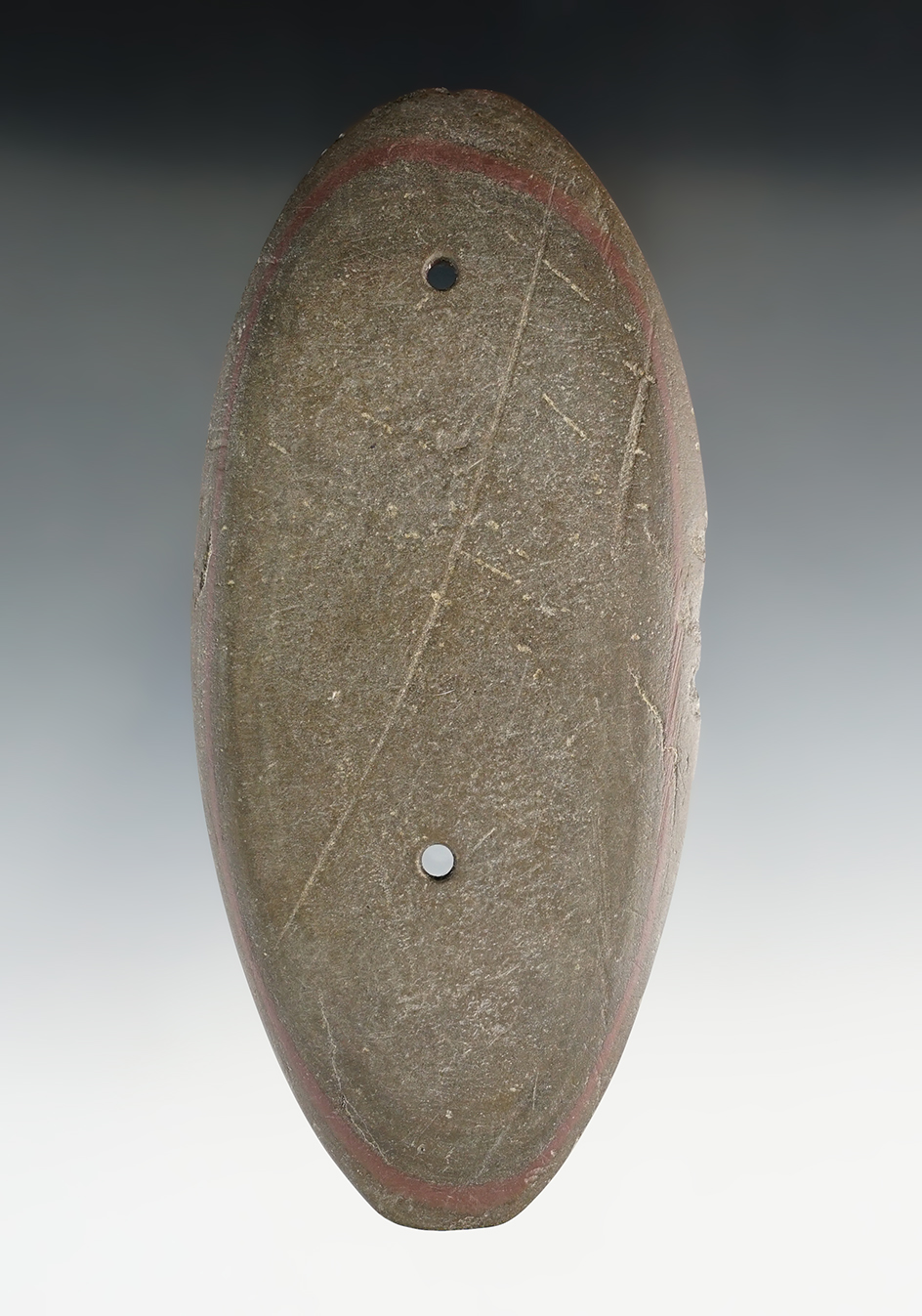 5 11/16" Glacial Kame Elliptical Gorget made from Slate. Found in Preble Co., Ohio. Ex. Wilkins.