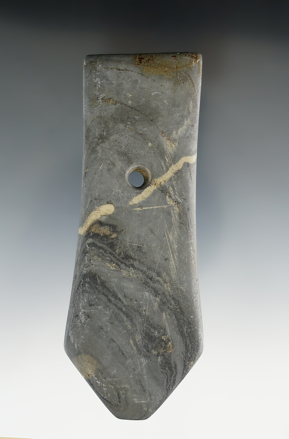 4 15/16" Hopewell Pentagonal Pendant found along the Maumee River in Defiance Co., Ohio.