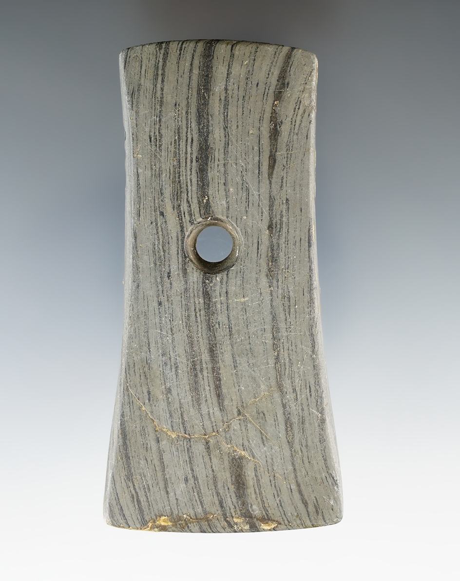 3 13/16" Adena Bell Pendant made from green and black Banded Slate, Ashland Co., Ohio.