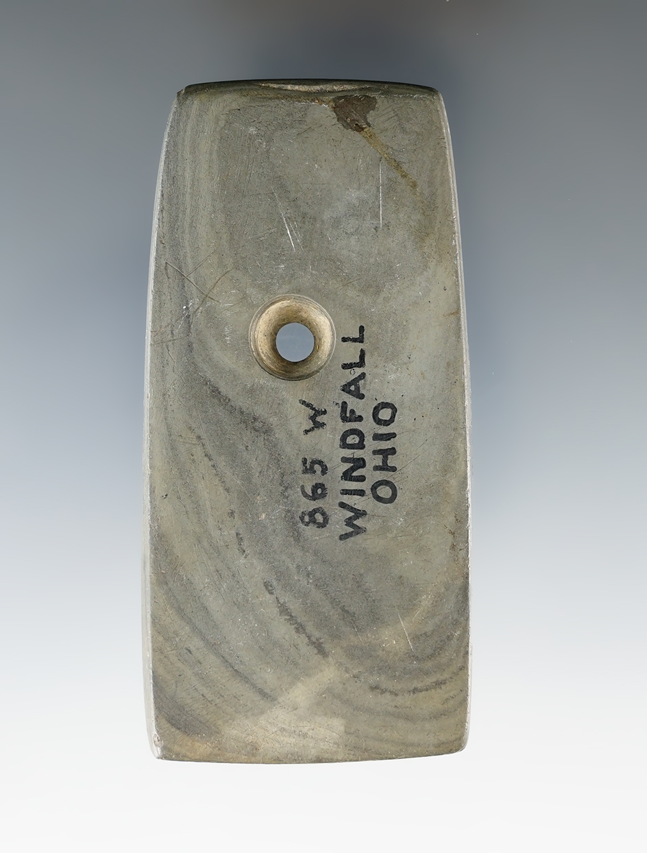 3 5/16" Adena Trapezoidal Pendant found in Windfall, Crawford Co., Ohio. Ex. August Wehrle.