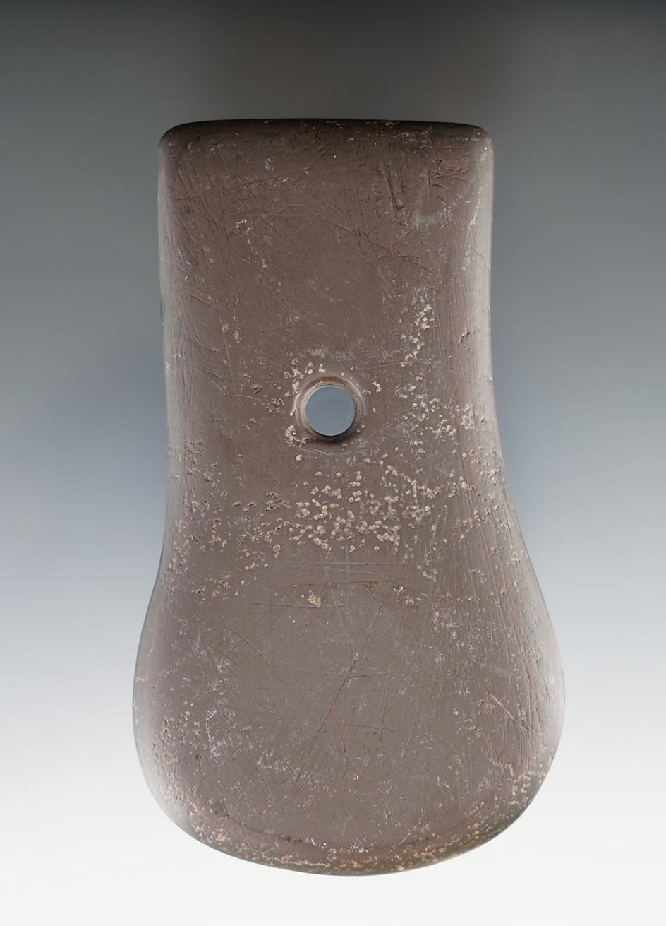 4" Adena Keyhole Pendant made from red and black Banded Slate. Found in Highland Co., Ohio.