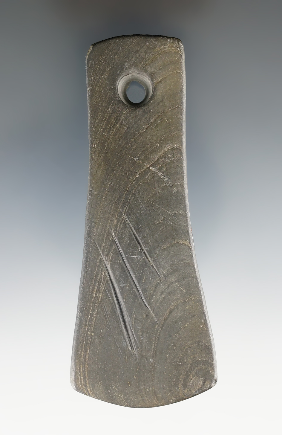 3 7/8" Adena Bell Pendant that is engraved and tallied found in Richland Co., Ohio. Picturd!