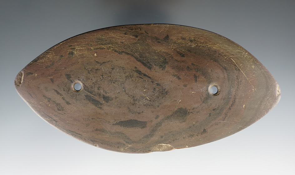 5 1/2" Glacial Kame Elliptical Gorget made from red and black Mottled Slate. Medina Co., Ohio.