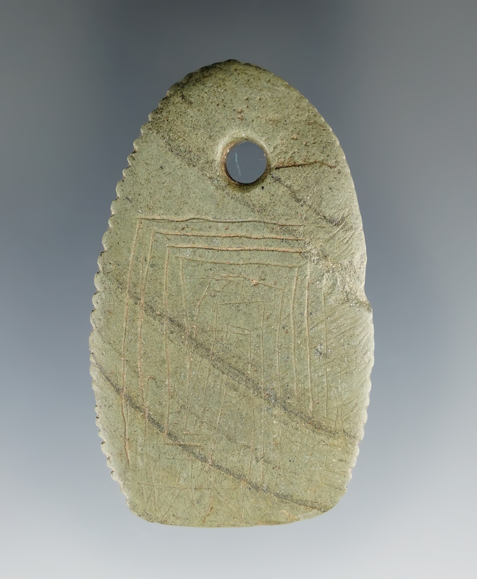 Miniature 2 1/8" Mississippian Trapezoidal Pendant found in Ohio. Ex. Dean Richard Collection.