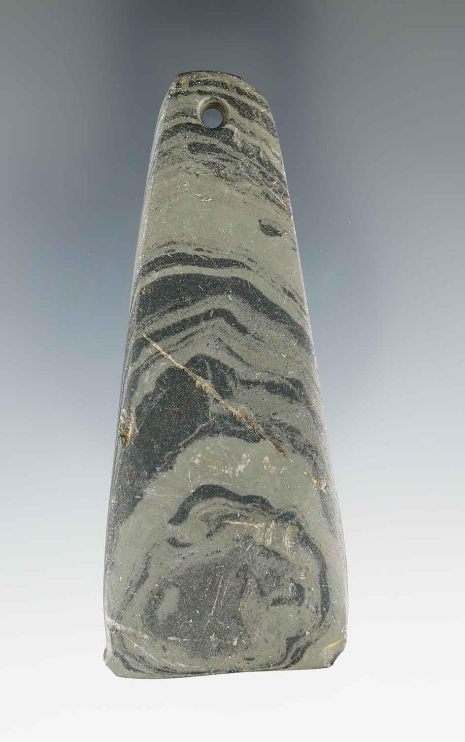 3 1/4" Woodland Trapezoidal Pendant found in Richland Co., Ohio. Ex. George Fisher, Jerre Wall