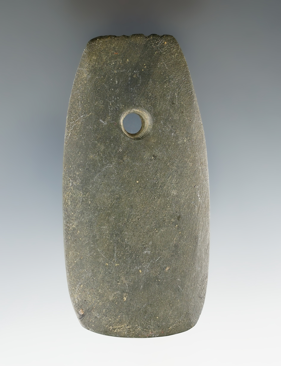 3 1/2" Adena Trapezoidal Pendant with a fringed top found in Miami Twp., Greene Co., Ohio.