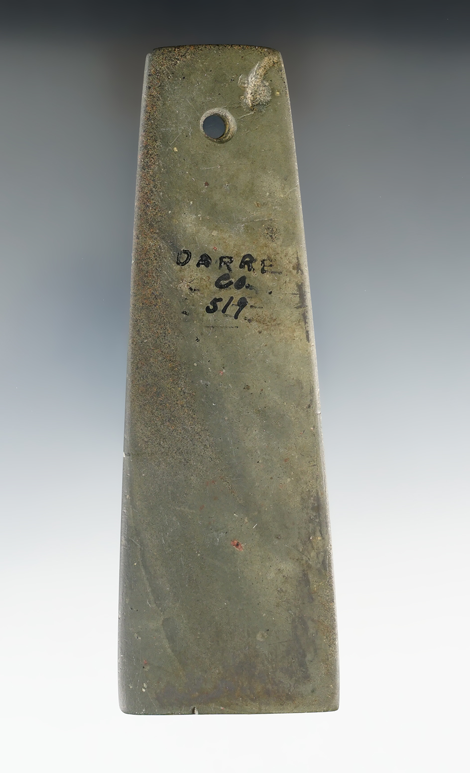 5 3/16" Hopewell Trapezoidal Pendant found in Darke Co., Ohio. Pictured in Arttifacts Volume 12.