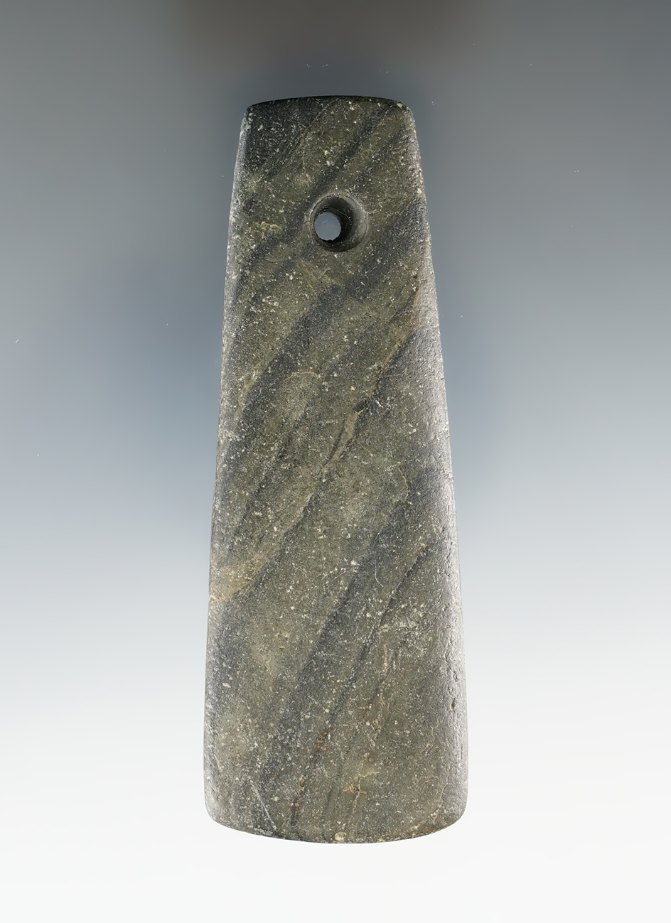 3 15/16" Adena Bell Pendant made from green and black Banded Slate. Pickaway Co., Ohio.