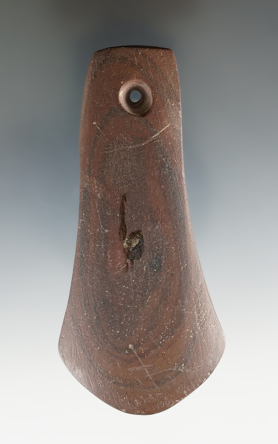 3 15/16" Adena Anchor Pendant made from red and black Banded Slate. Found in Sharon, Ohio.