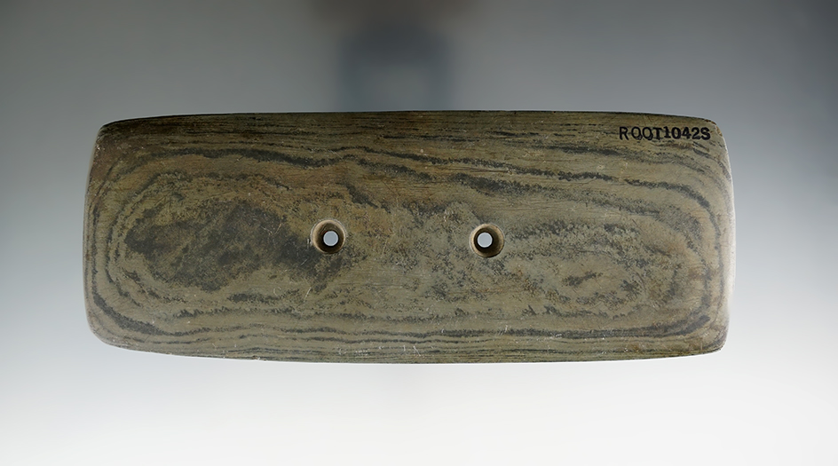 6 1/8" Adena Tablet Gorget made from green and black Mottled Slate. Found in Seneca Co., Ohio.