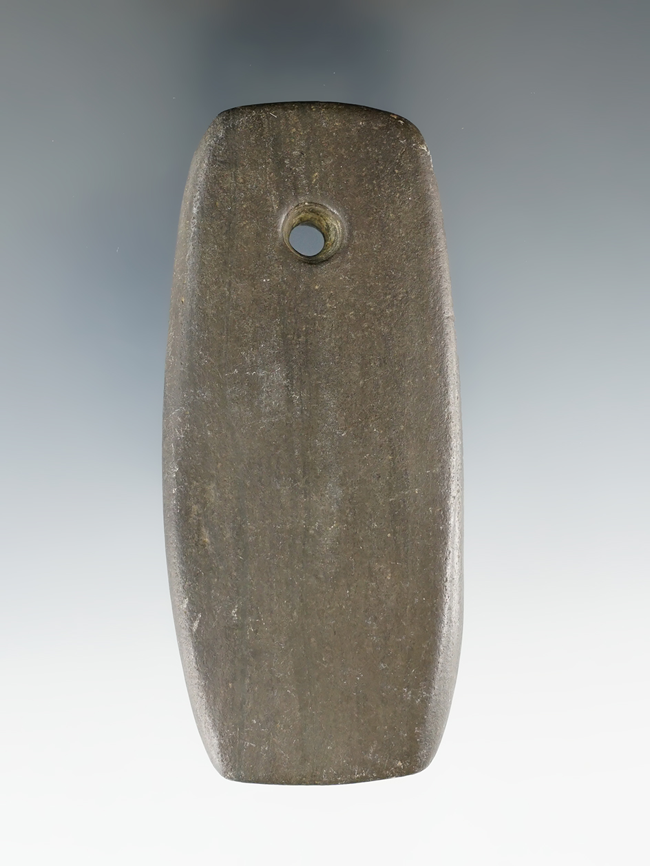 3 1/2" Adena Trapezoidal Pendant made from green and black Banded Slate. Licking Co., Ohio.