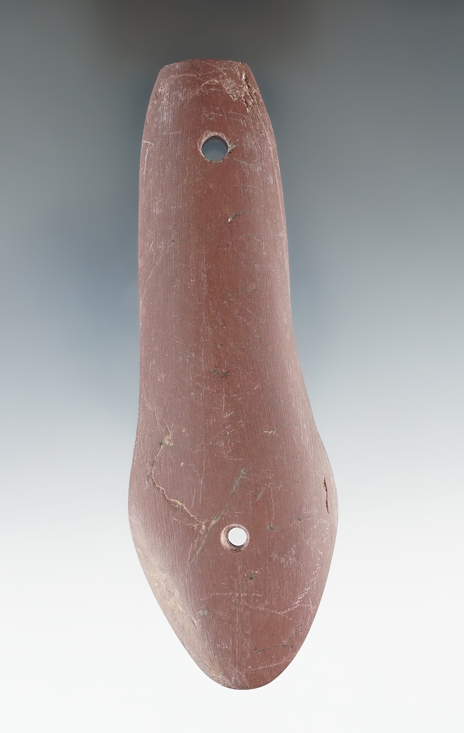 4 1/8" Glacial Kame Gorget made from red Slate. Found in Wood Co., Ohio by David Perry.