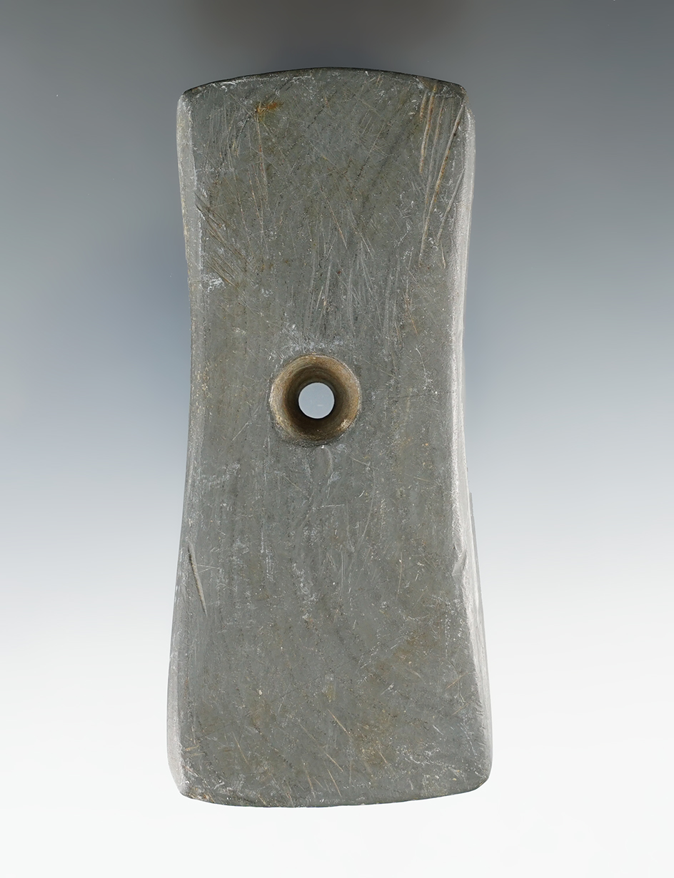 4 1/4" Adena Bi-Concave Pendant made from gray and black Slate. Found in Ohio.