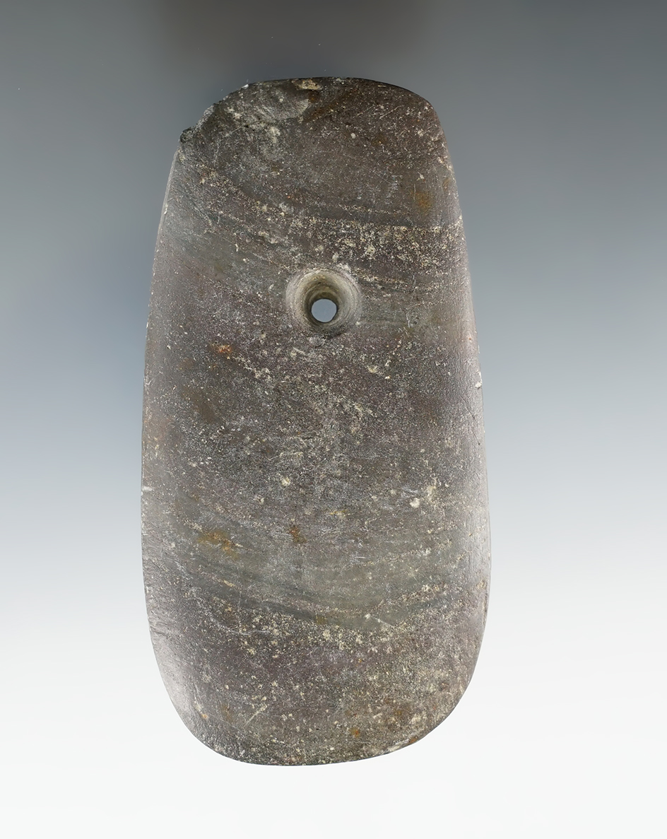 4" Adena Keyhole Pendant made from green and black Banded Slate. Found in Summit Co., Ohio.