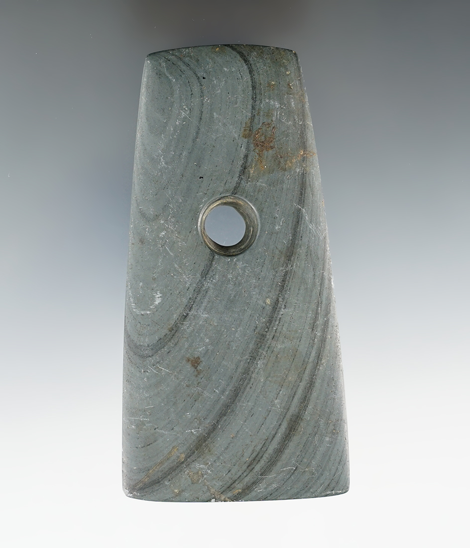 4" Adena Trapezoidal Pendant made from Banded Slate. Found in Delaware Co., Ohio.  COA.