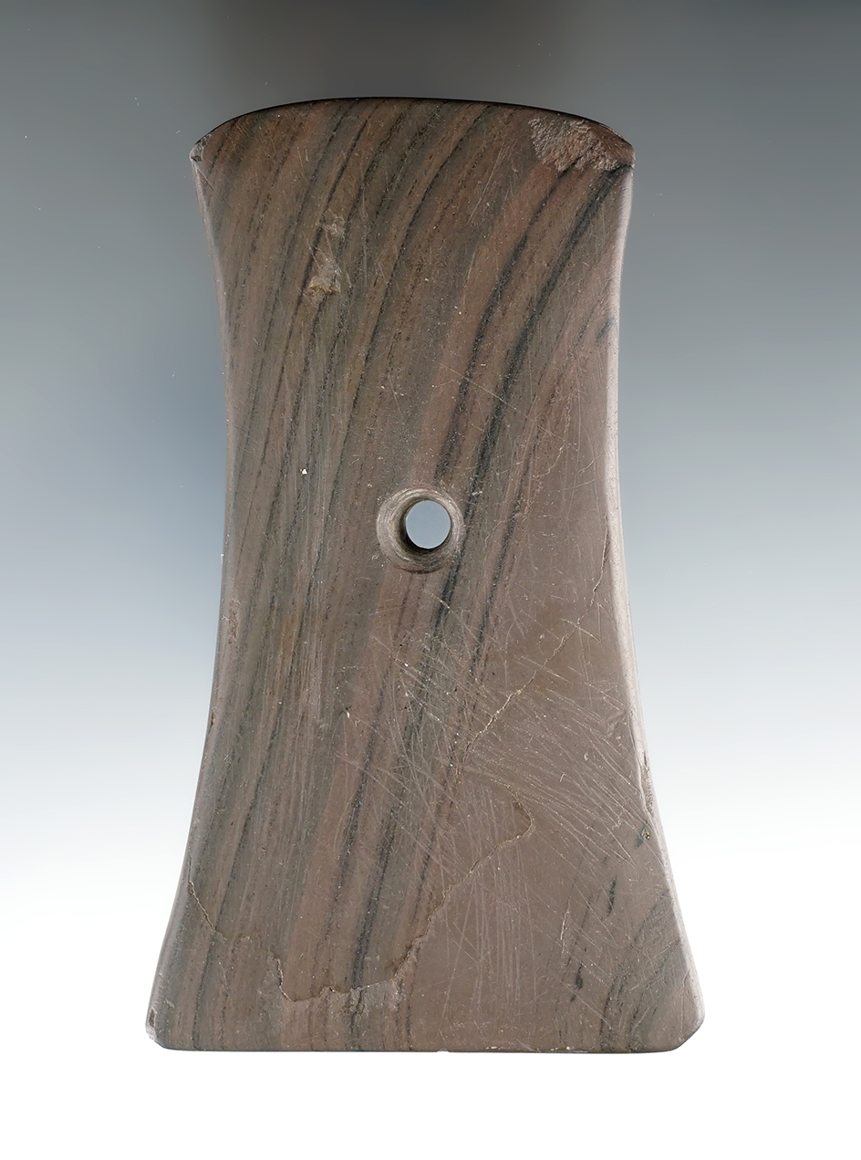 4 3/16" Bell Pendant made from red and black Banded Slate. Found in Ohio. Ex. Coleburn.