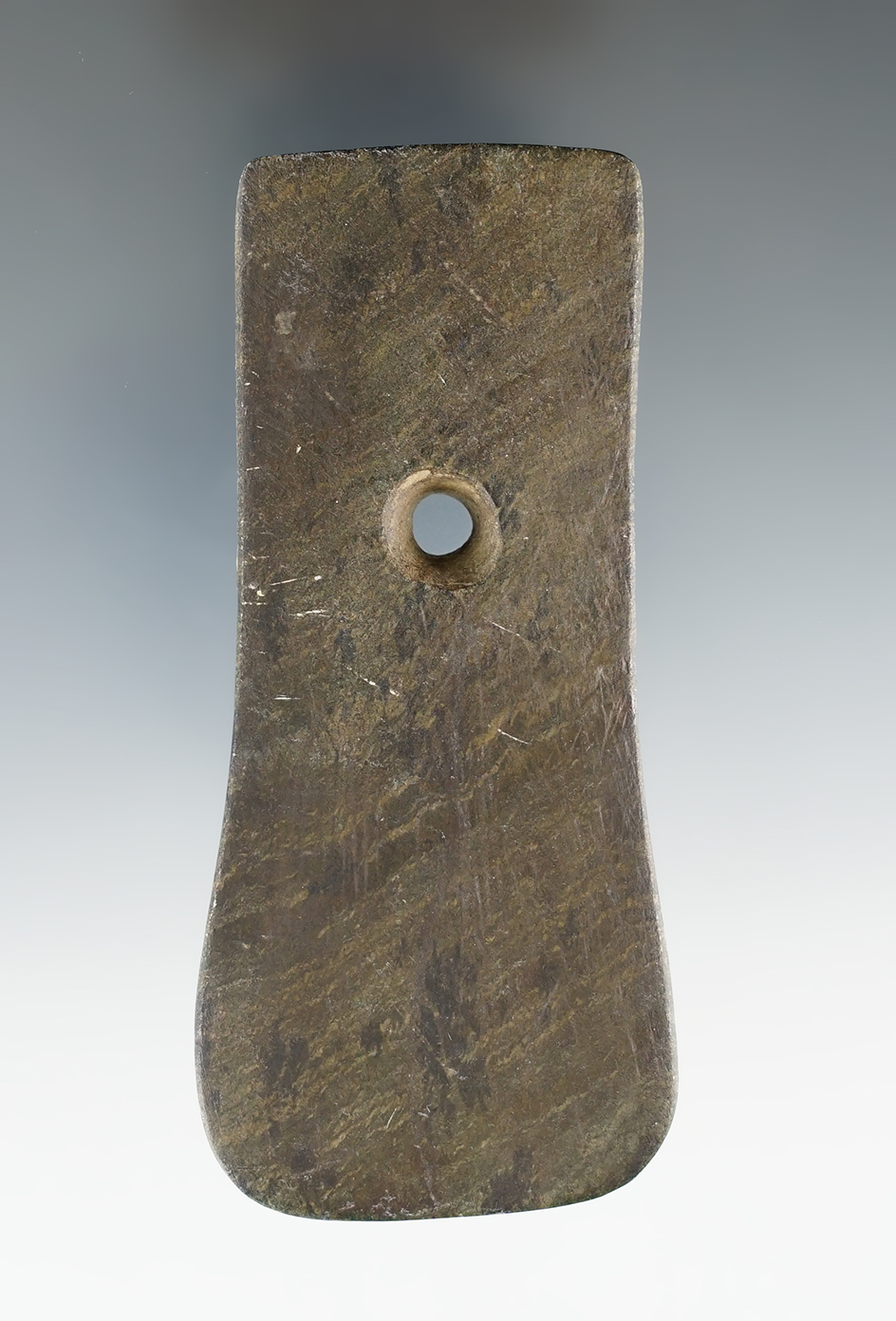 3 15/16" Adena Keyhole Pendant made from Banded Slate, found in Ohio. Ex. Tim Johnson.