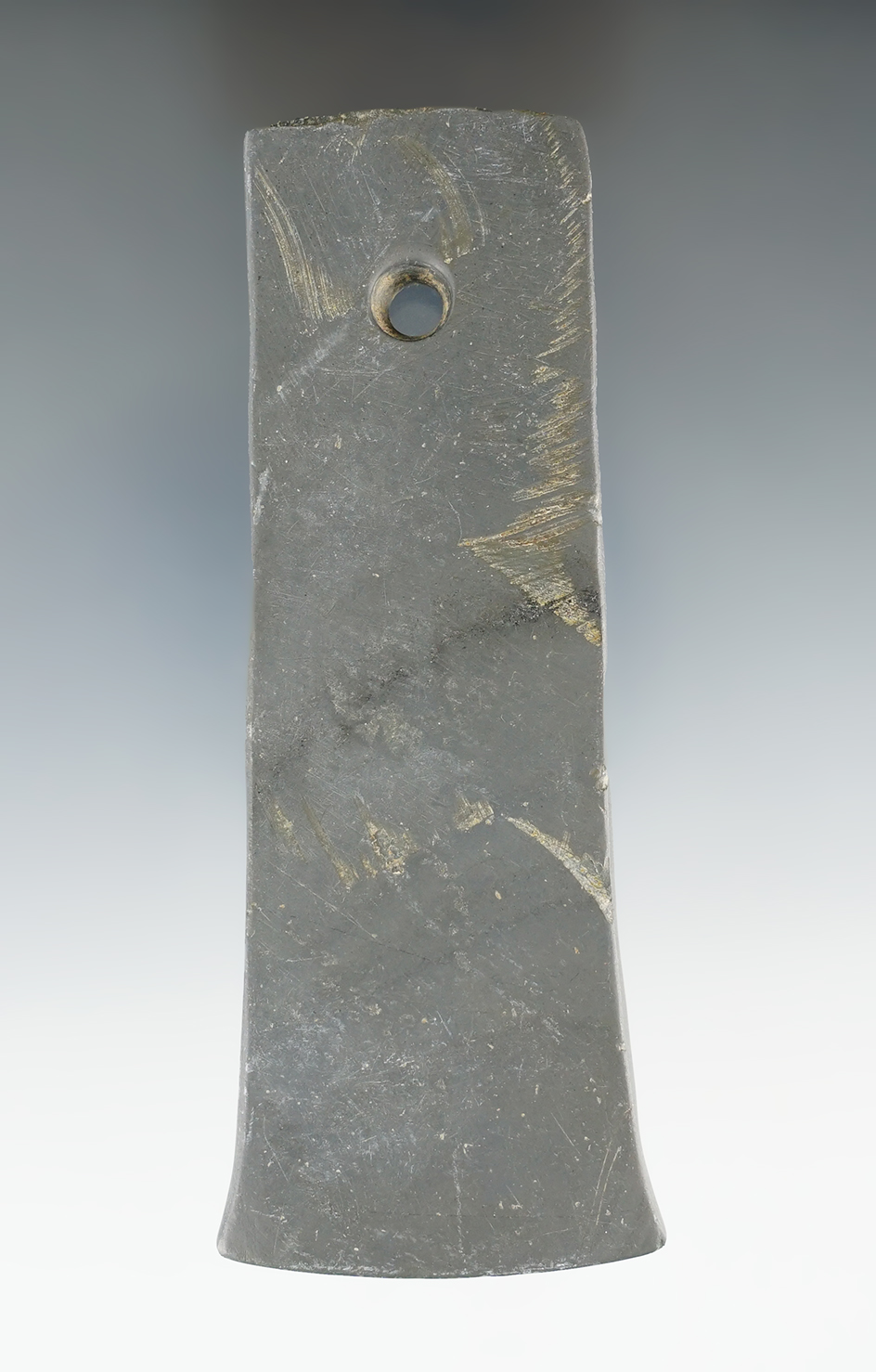 4 1/2" Hopewell Bell Pendant made from Banded Slate. Found in Perry Co., Ohio.