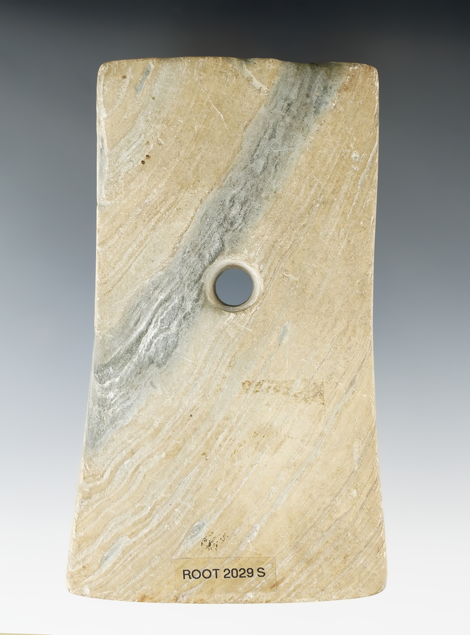 4 3/8" Adena Bell Pendant - Banded Slate. Ex. Zaleski Collection. Davis COA.