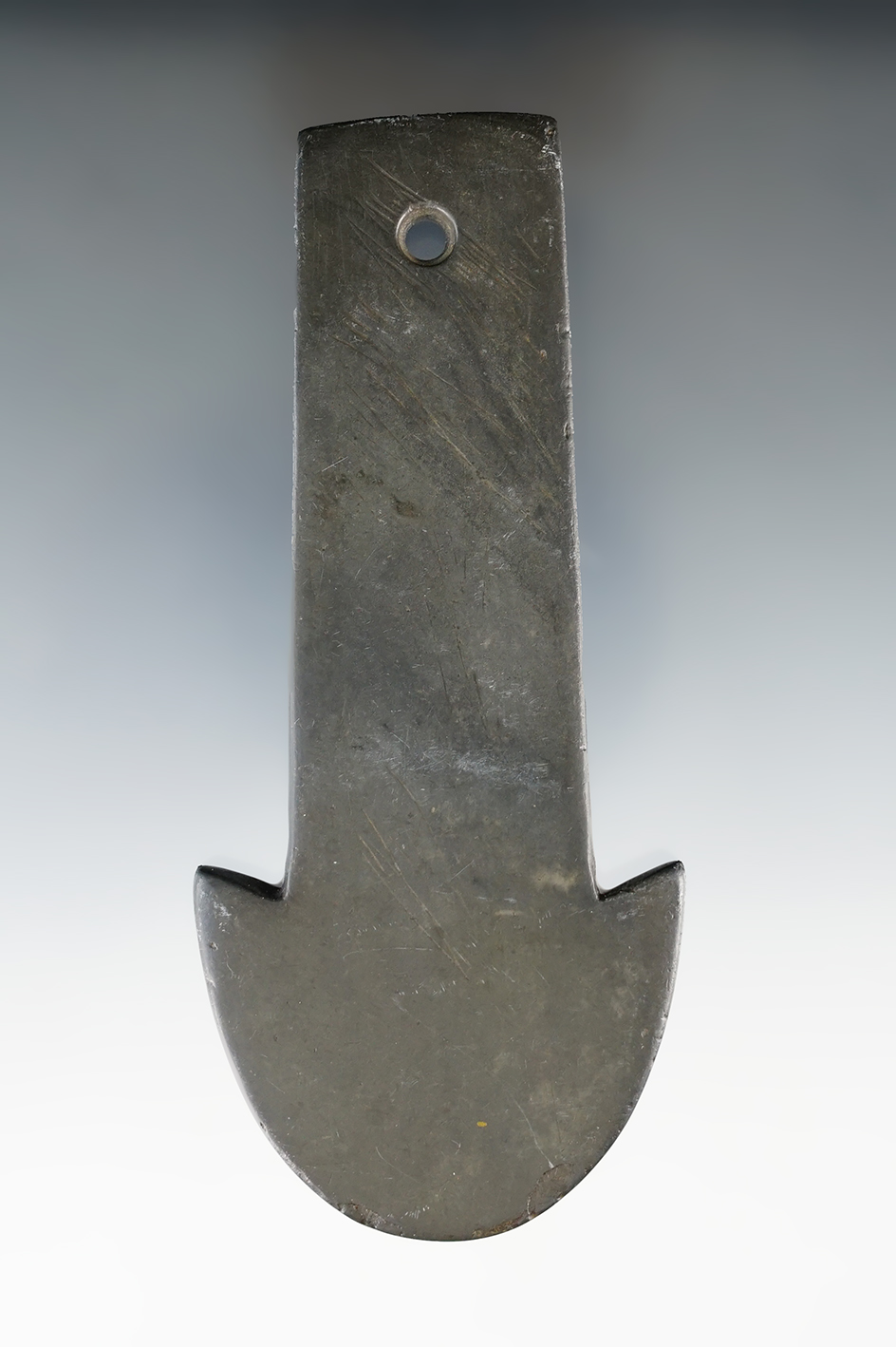 4 13/16" Adena Anchor Pendant made from black Slate, found near Alliance, Stark Co., Ohio.