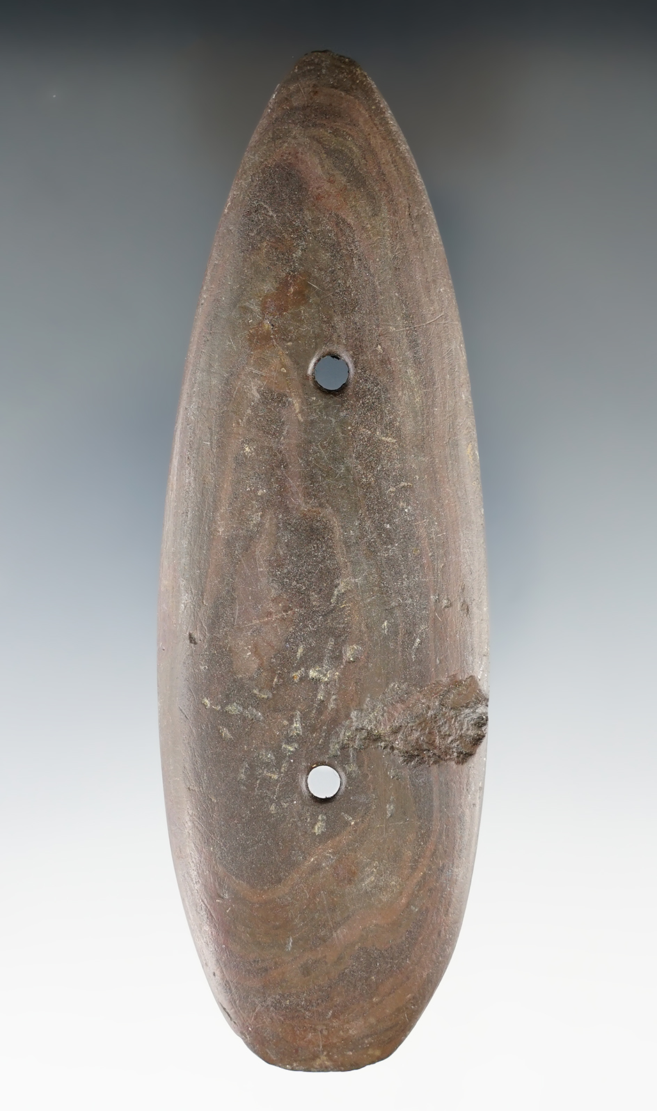 4 15/16" Glacial Kame Gorget  - Banded Slate. Ex. Jan Sorgenfrei, Terry Elleman (#5280).