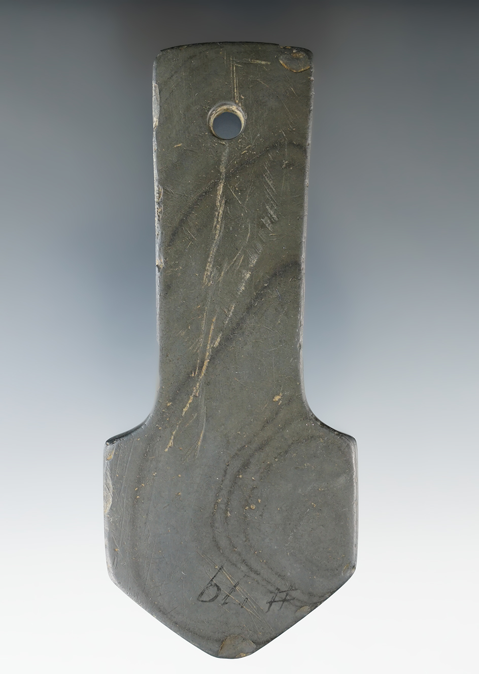 4 9/16" Adena Anchor Pendant made from green and black Banded Slate. Ex. Earl Townsend.