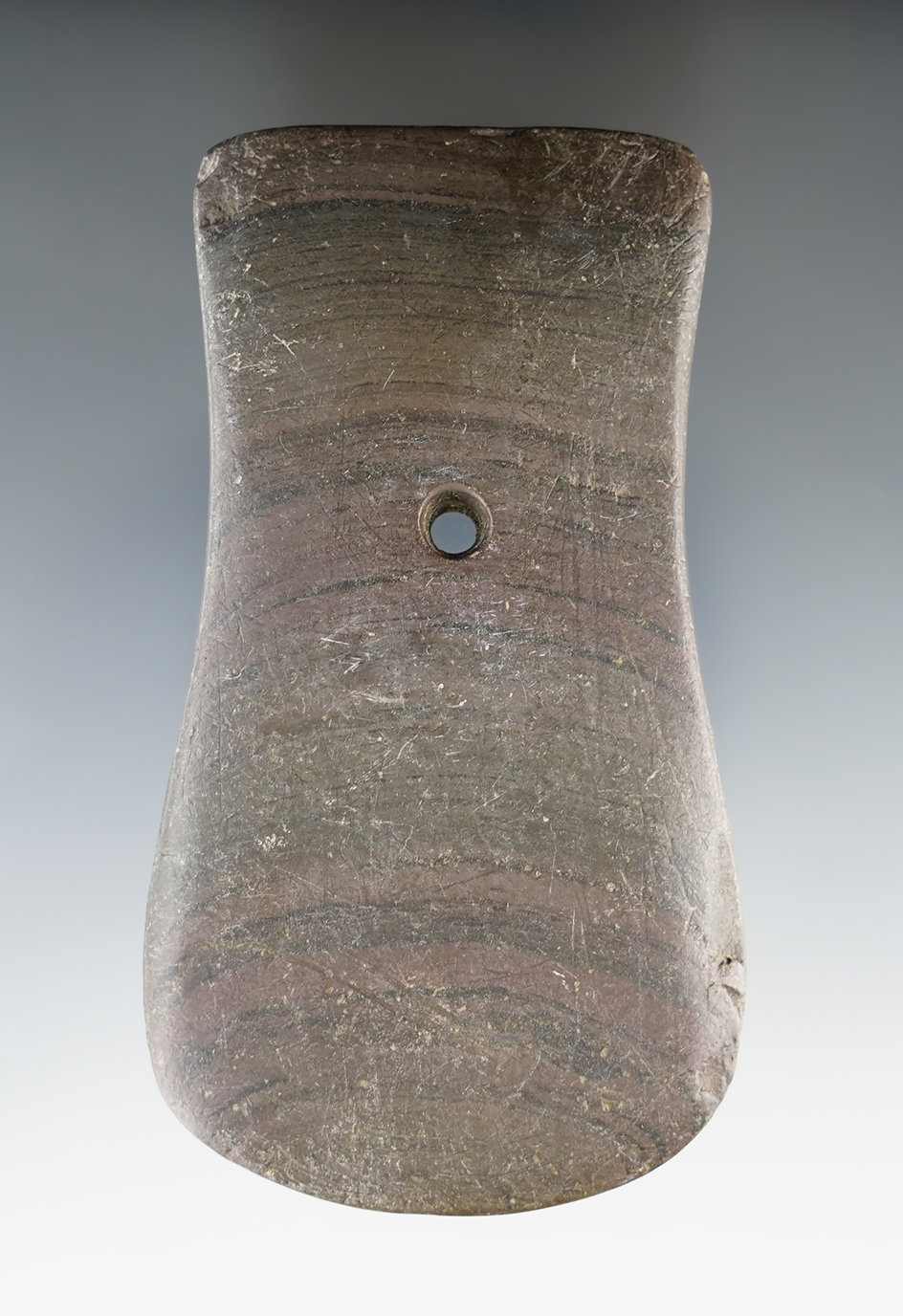 4 1/8" Adena Keyhole Pendant made from red and black Banded Slate, found in Wayne Co., Ohio.