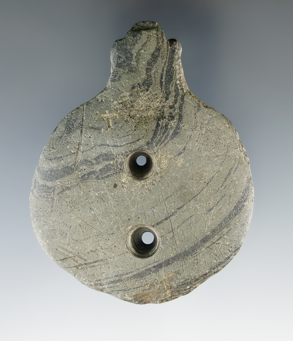 3" Glacial Kame Turtle Birdstone made from green and black Banded Slate. Jay Co., Indiana.