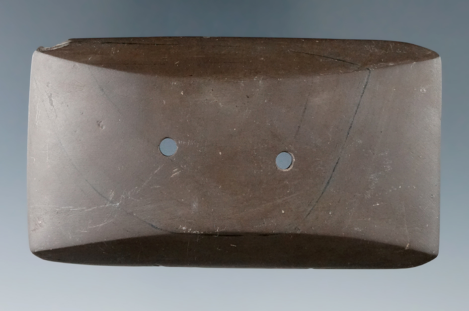 3 5/16" Adena Semi-Keeled Gorget found Southeast of Hamilton, Dekalb Co., Indiana by John Schrader.