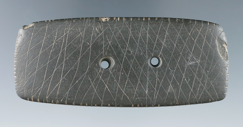 3 11/16" Slate Hopewell Rectangular Gorget that is heavily engraved and tallied, found in DeKalb Co.