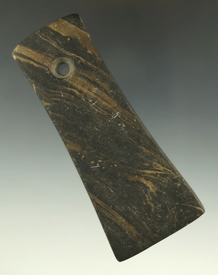 3 3/4" Adena Bell Pendant made from Yellow and Black Banded Slate, found in Miami Co., Ohio. COA.