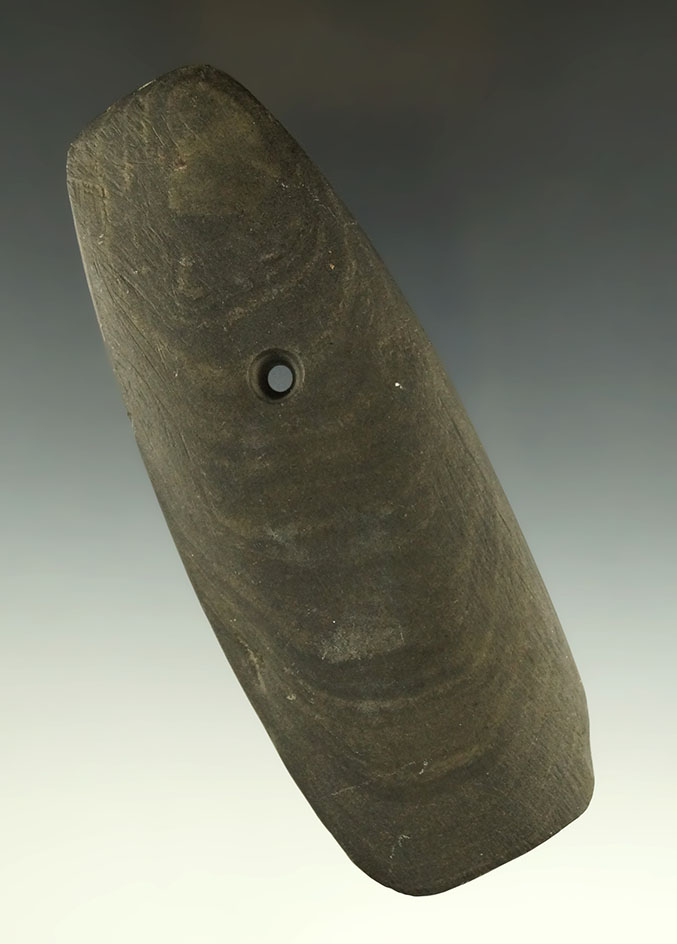 3 5/8" Hopewell Trapezoidal Pendant found in Erie Co., Ohio. Ex. Dr. S. Copeland, E. Chadwick.
