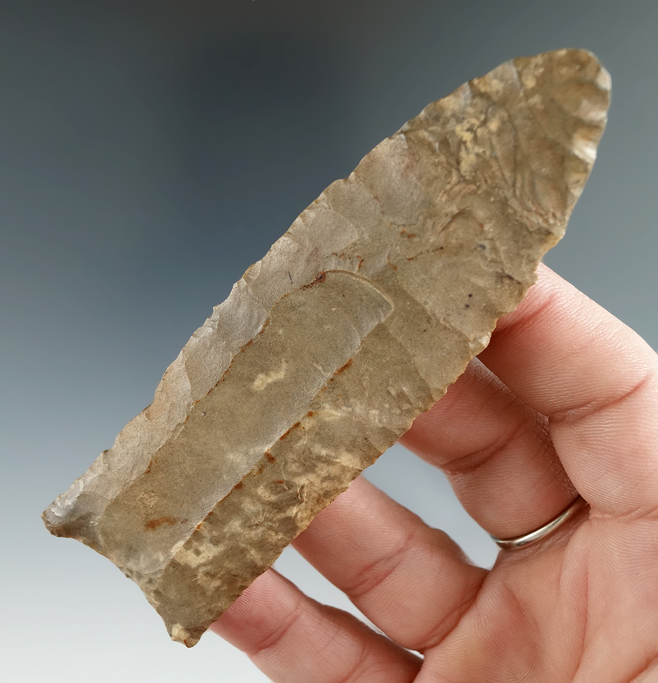 Restored but nice! Incredible flute, 4 1/8" Paleo Clovis - KY - restoration to 1 1/8" of upper secti