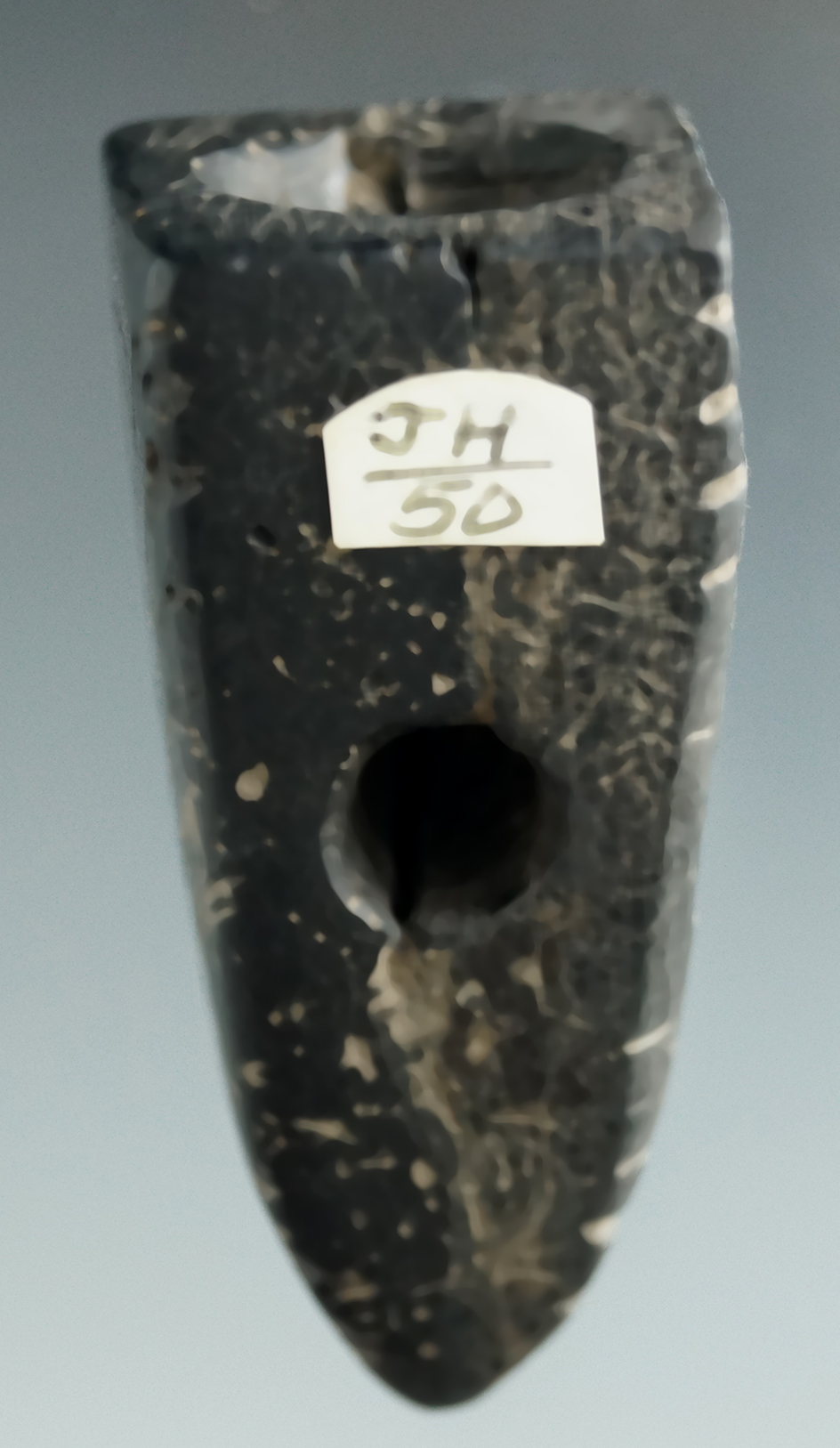 2 7/16" highly engraved 1/2 restored  Vasiform Fort Ancient stone pipe - Cannel Coal.
