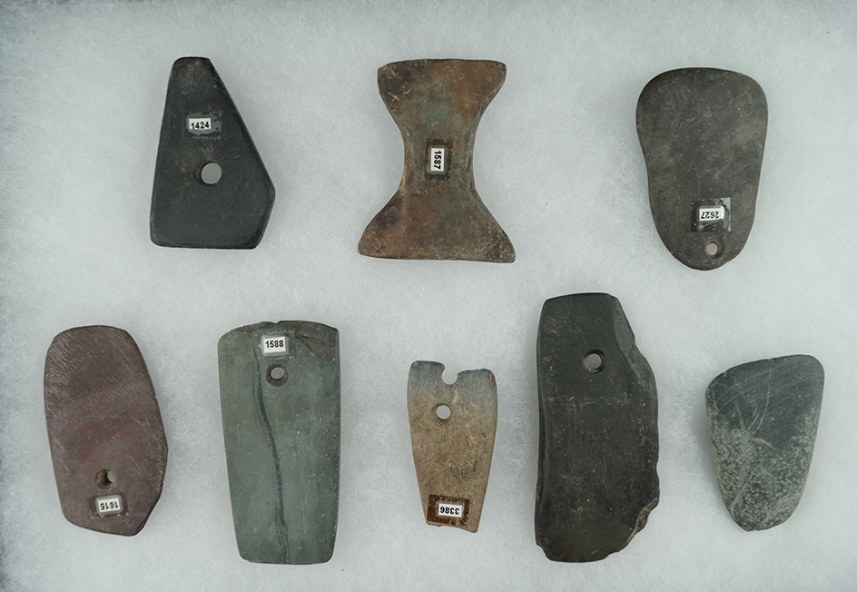 Group of 8 Ohio Slate Artifacts including 6 drilled Pendants, and a Celt.  Largest is 3 5/16".
