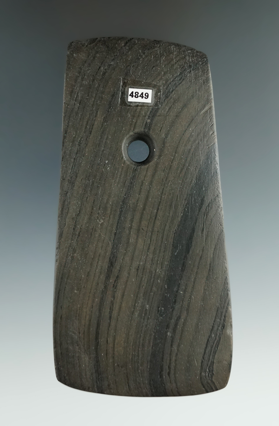 4 7/16" Banded Slate Pendant found in Wood Co., Ohio.  Ex. Tindell, Putterbaugh.